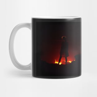 Girl in front of volcanic eruption Mug